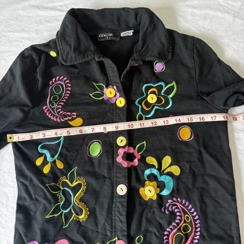 Onque Casuals Black Cotton Embroidered Floral Paisley Button Front Jacket Small - Picture 4 of 11